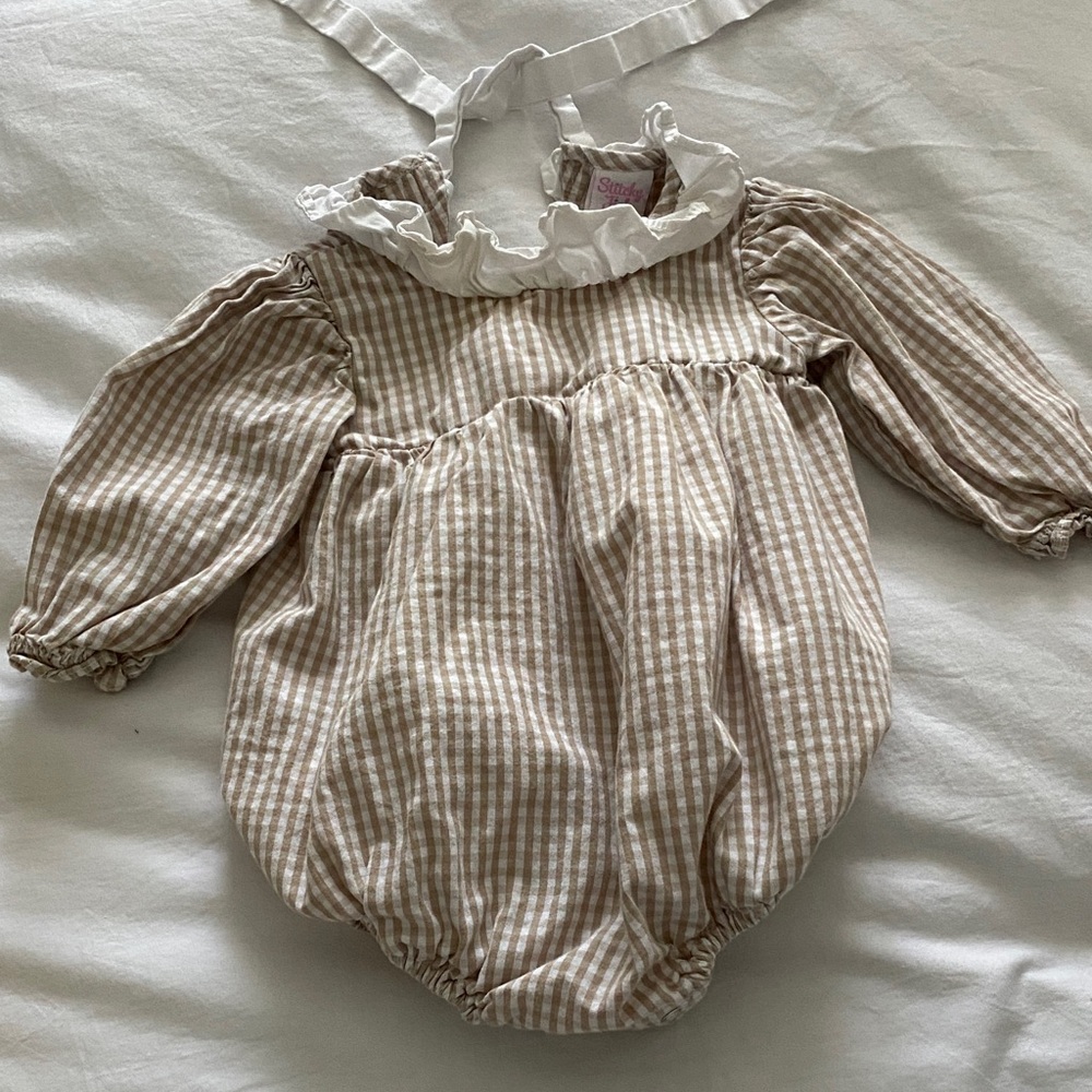 Classic Beige Gingham Baby One-Piece Romper with Ruffle Collar